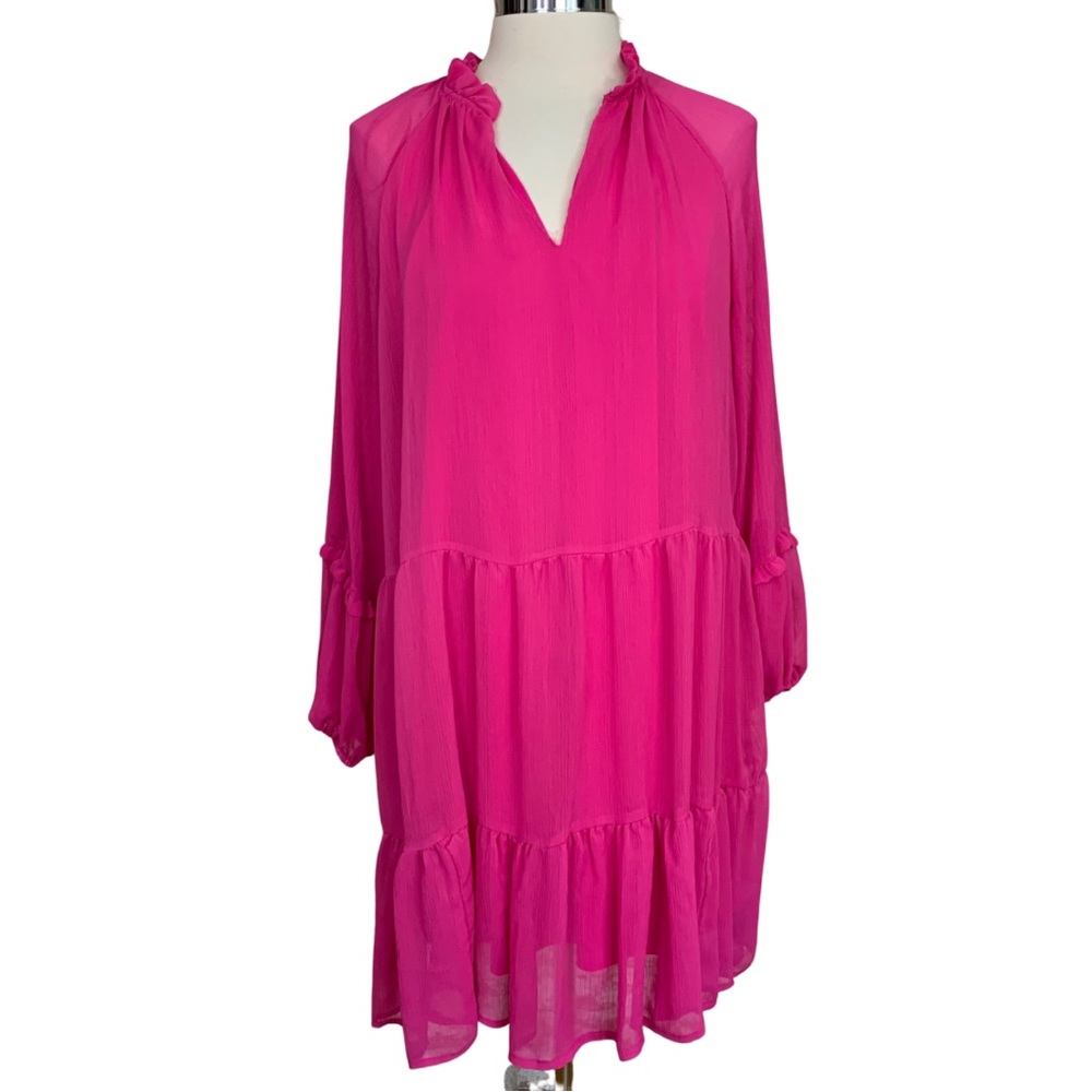 VINCE CAMUTO Dress Pink Tiered Size XL Sheer Ruffle
